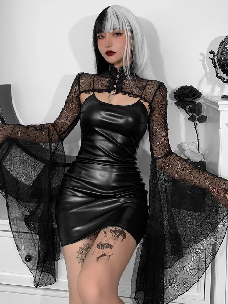 Top Trends: InsGoth Gothic Punk Balck Faux Leather 2Pcs Dress Vintage Flare Sleeve Crop Tops Women Sexy Backless Bodycon Nightclub Dresses Shoppable Styles - Image 6