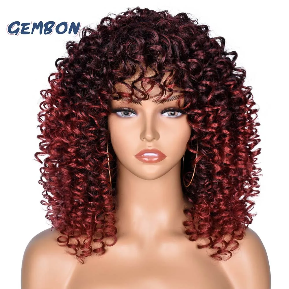 Top Trends: 14”Short Hair Afro Kinky Curly Wig With Bangs Shoulder Length Loose Synthetic Cosplay Fluffy Natural Wigs For Black Women GEMBON Shoppable Styles