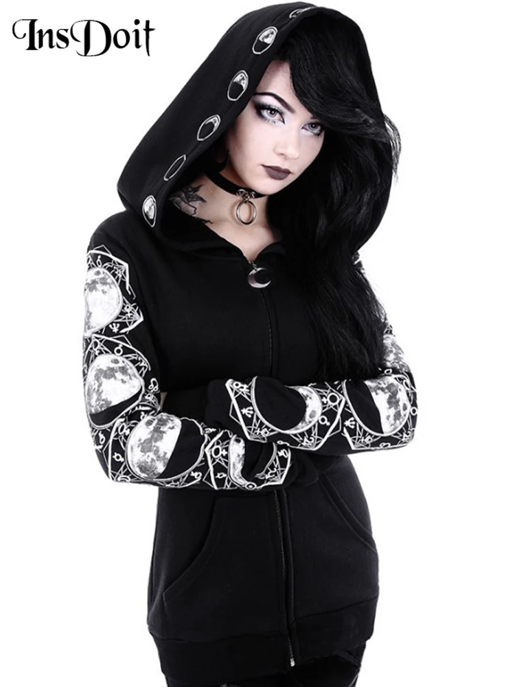 Top Trends: InsDoit Gothic Black Autumn Female Hooded Sweatshirt Harajuku Zipper Long Sleeve Loose Print Hoodies Streetwear Coats Plus Size Shoppable Styles