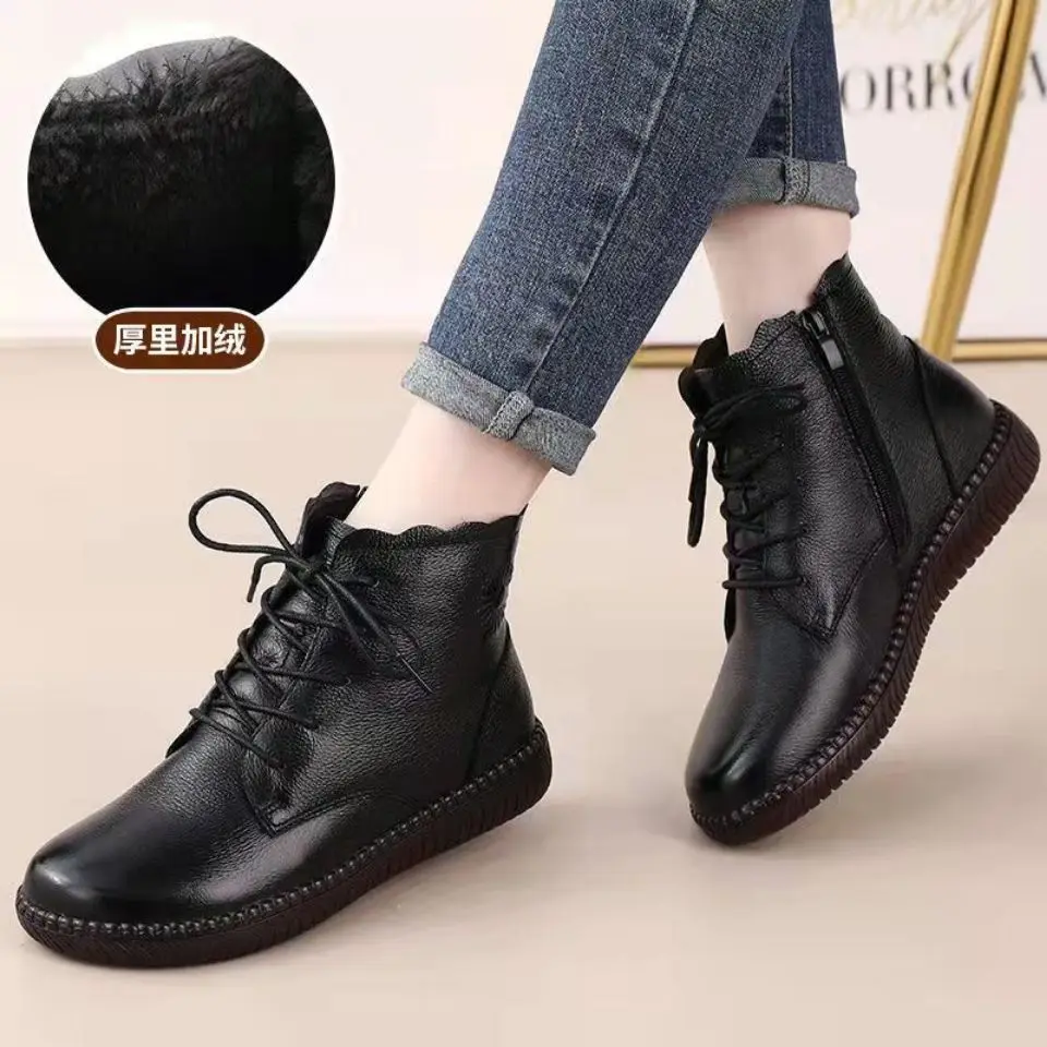 Top Trends: Simple Lace Up Ankle Boots Women&#039;s Spring Autumn Oxford Shoes Flat Leather Shoes Ladies Short Plush Boots Zipper Black Booties Shoppable Styles