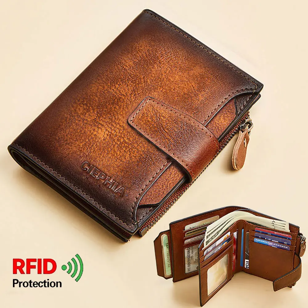 Top Trends: Men&#039;s Genuine Leather Wallet Vintage Short Multi Function Business Card Holder RFID Blocking Zipper Coin Pocket Money Clip Shoppable Styles