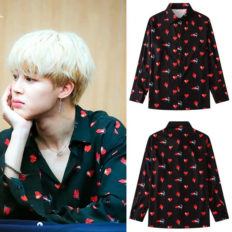 Top Trends: JIMIN Black Shirt Heart Flower Print Fashion Unisex Spring Long Sleeve Lapel Tops Heart Shirt 2023 Kpop Oversize Korean Clothes Shoppable Styles