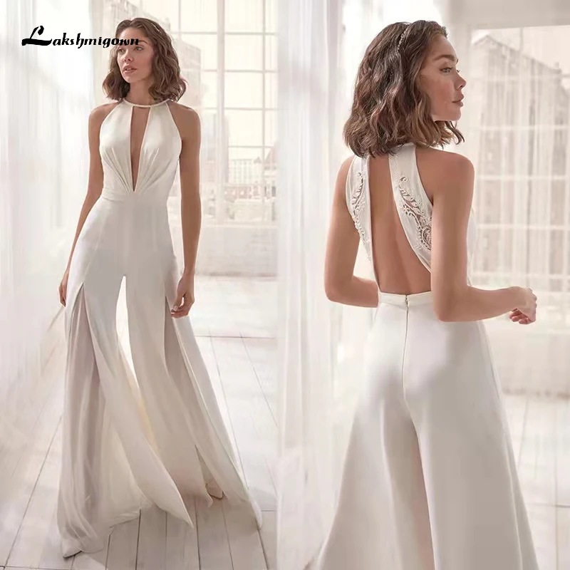 Top Trends: Elegant Chiffon Halte Neck Jumpsuit Wedding Dress 2022 Off The Shoulder Backless Bridal Gowns Robe Party Satin Floor Length Lace Shoppable Styles