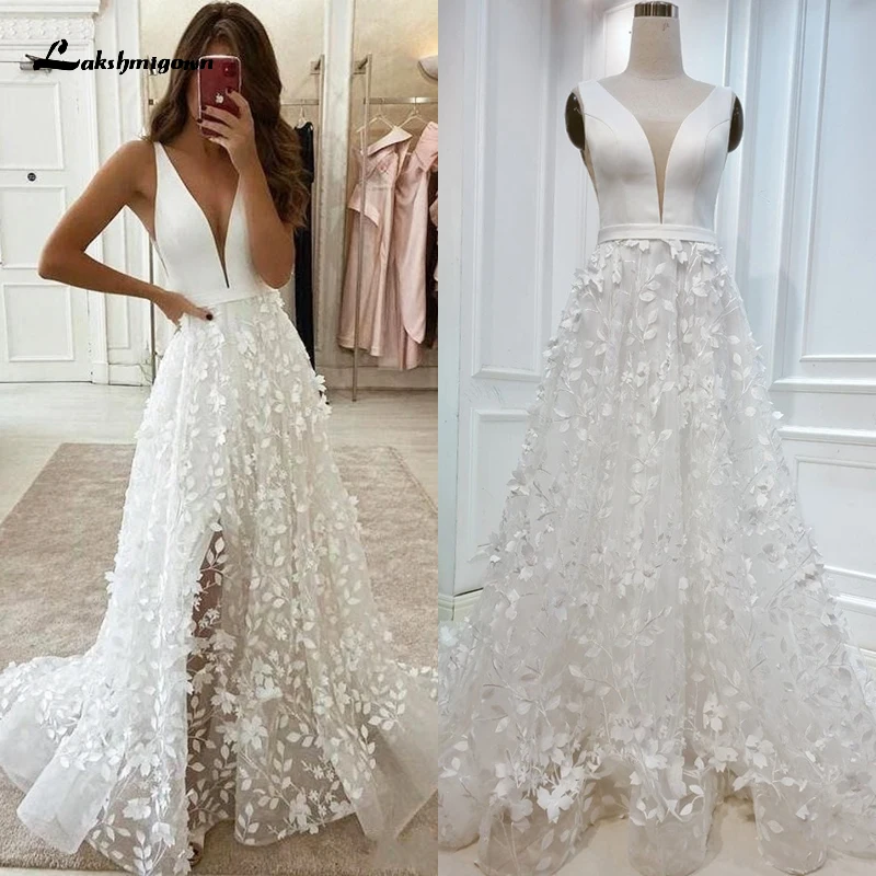 Top Trends: Boho V-neck Off The Shoulder Lace Appliques A-Line Wedding Dress 2023 Satin Bridal Gown Sweep Backless Floor Robe De Mariée Shoppable Styles