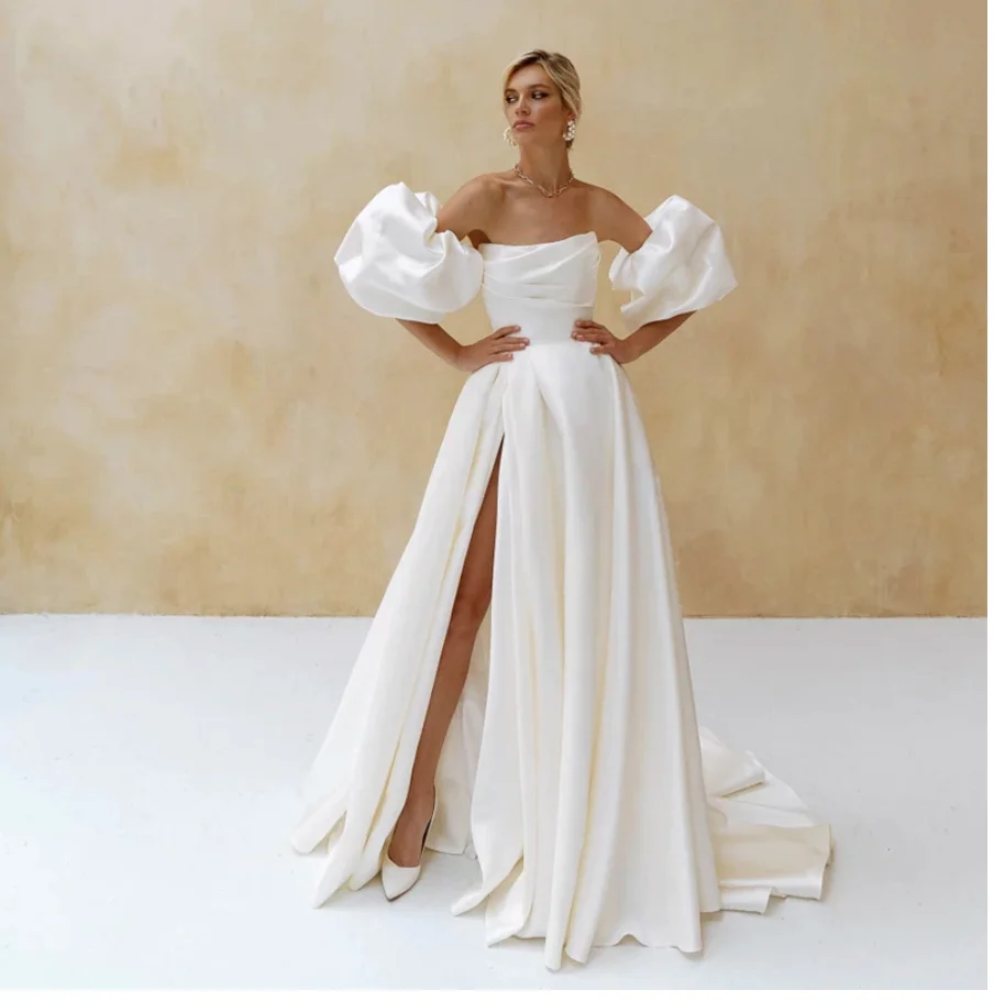 Top Trends: Elegant Satin Wedding Dress Short Puff Sleeves 2024 Simple Plain White Bridal Gown A-Line Side Slit Sweep Train Vestido De Novia Shoppable Styles