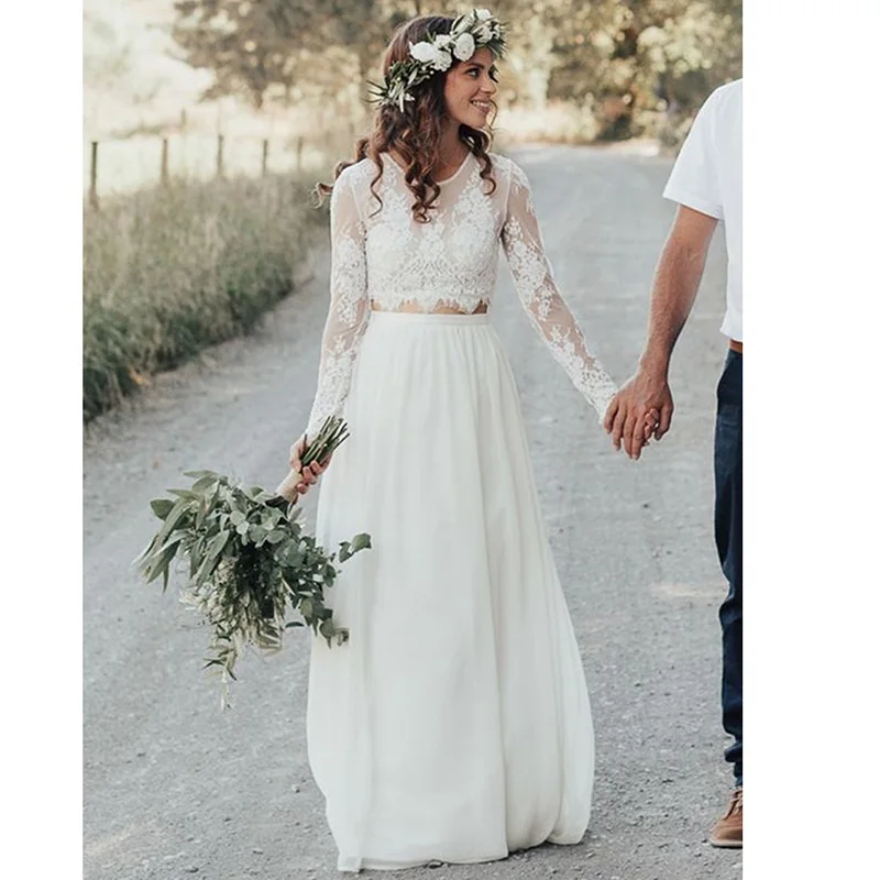 Top Trends: Two Piece Wedding Dress 2020 O-Neck Long Sleeves Lace Wedding Gown Bohemian Summer White Bride Dress Vestidos De Novia Shoppable Styles