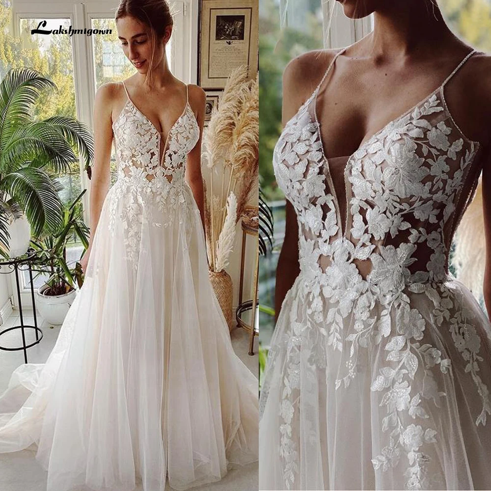 Top Trends: Robe Vintage Beach Wedding Dresses Spaghetti Tulle Long Lace Beach Bridal Gown A-Line Court Train Vestido De Noiva Lakshmigown Shoppable Styles