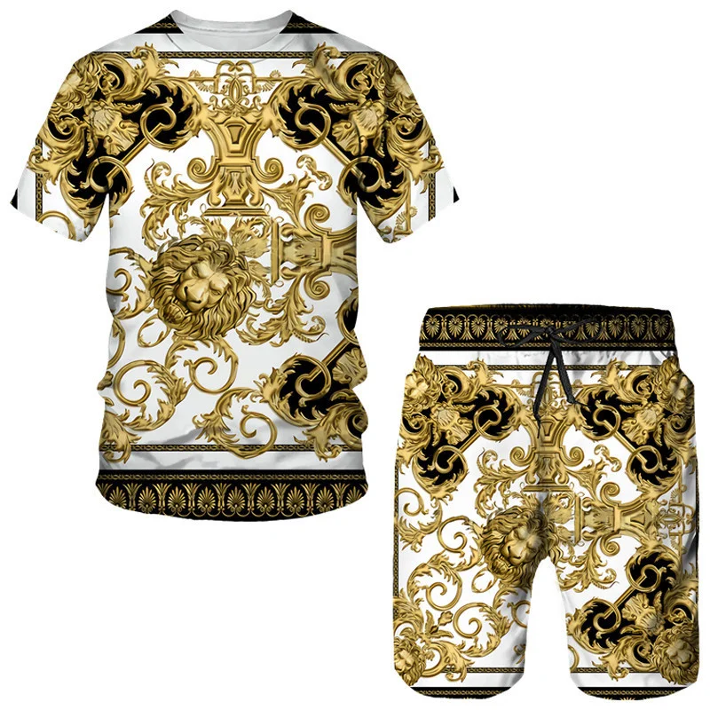 Top Trends: Summer Golden Lion Statue Pattern 3D Print Men's T Shirt / Shorts / Suit Baroque Style Short Sleeve Tracksuit Hip Hop Streetwear Set Shoppable Styles