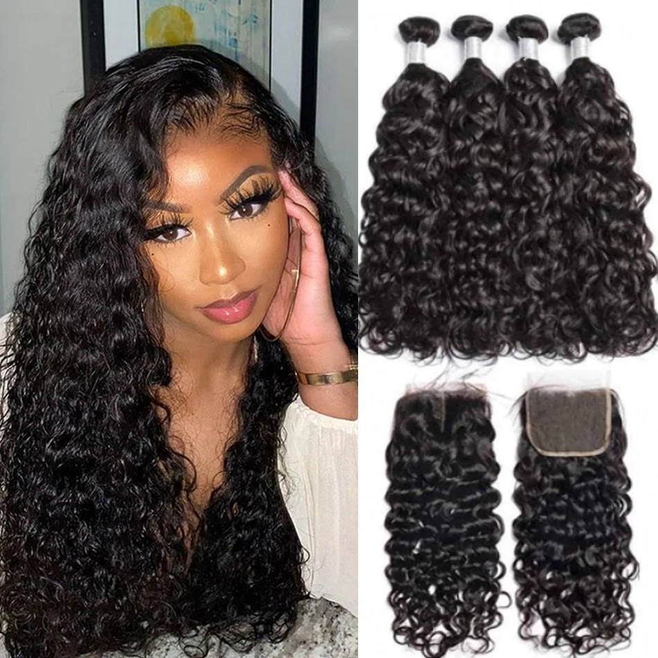 Top Trends: Indian Water Wave Bundles With Closure Wet And Wavy Curly 12A Human Hair Bundles With Remy Hair Weave 3Bundles With 13X4 Frontal Shoppable Styles