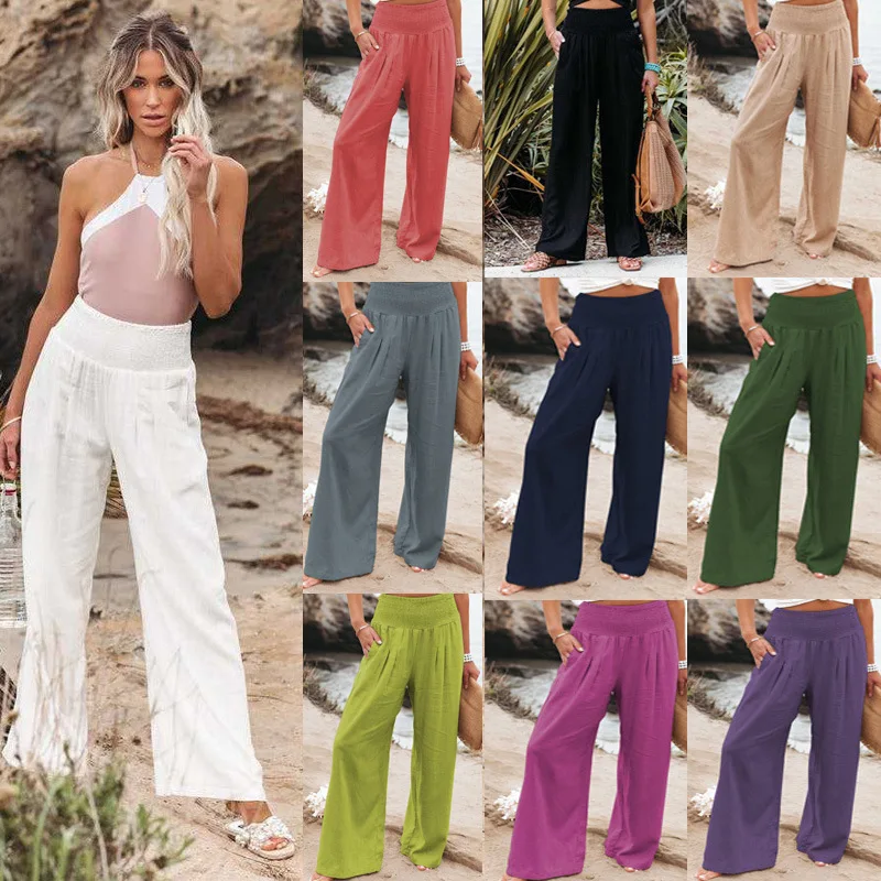 Top Trends: Summer Oversized Wide Leg Pants Women Vintage Cotton Linen Palazzo Fashion Long Trousers Casual Elastic Waist Solid Pantalon 5XL Shoppable Styles