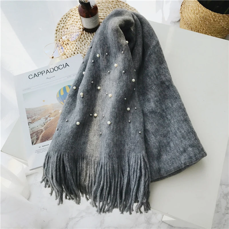 Top Trends: Luna&amp;Dolphin Women Winter Scaves Warm Knitted White Pearl Nail Bead Soft Scarves Tassel Woolen Big Tippet Pashmina Blanket Shawl Shoppable Styles