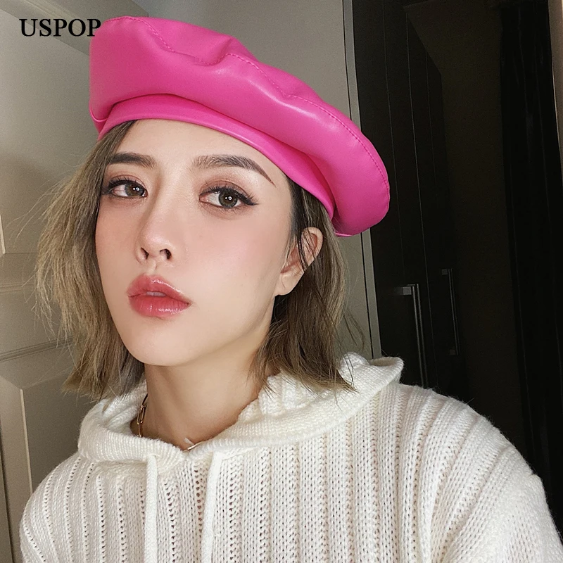 Top Trends: USPOP Autumn Winter Hats Women Berets Solid Color PU Leather Beret Hat Rose Red Berets Shoppable Styles