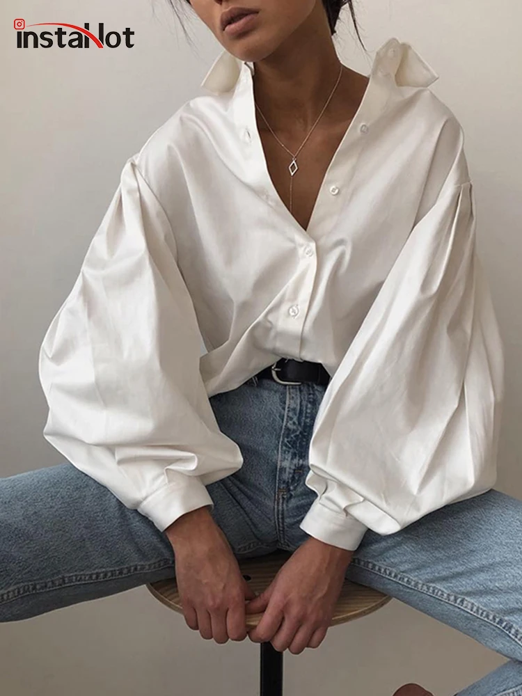 Top Trends: InstaHot Lantern Sleeve Elegant Shirt Blouse White Black Sexy Button Vintage Turn Down Collar Office Ladies Shirt Female Casual Shoppable Styles