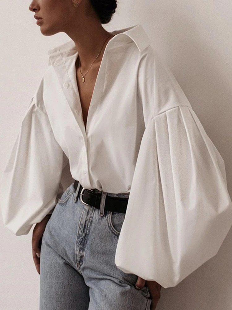 Top Trends: InstaHot Lantern Sleeve Elegant Shirt Blouse White Black Sexy Button Vintage Turn Down Collar Office Ladies Shirt Female Casual Shoppable Styles - Image 2