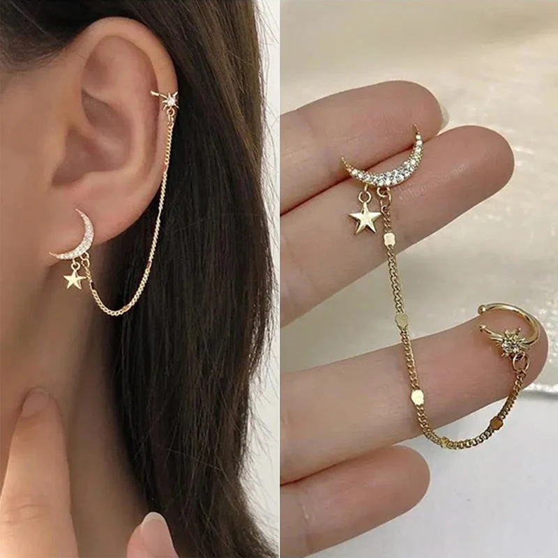 Top Trends: 1PC New Fashion Gold Color Moon Star Clip Earrings For Women Simple Butterfly Fake Cartilage Long Tassel Ear Cuff Jewelry Gifts Shoppable Styles