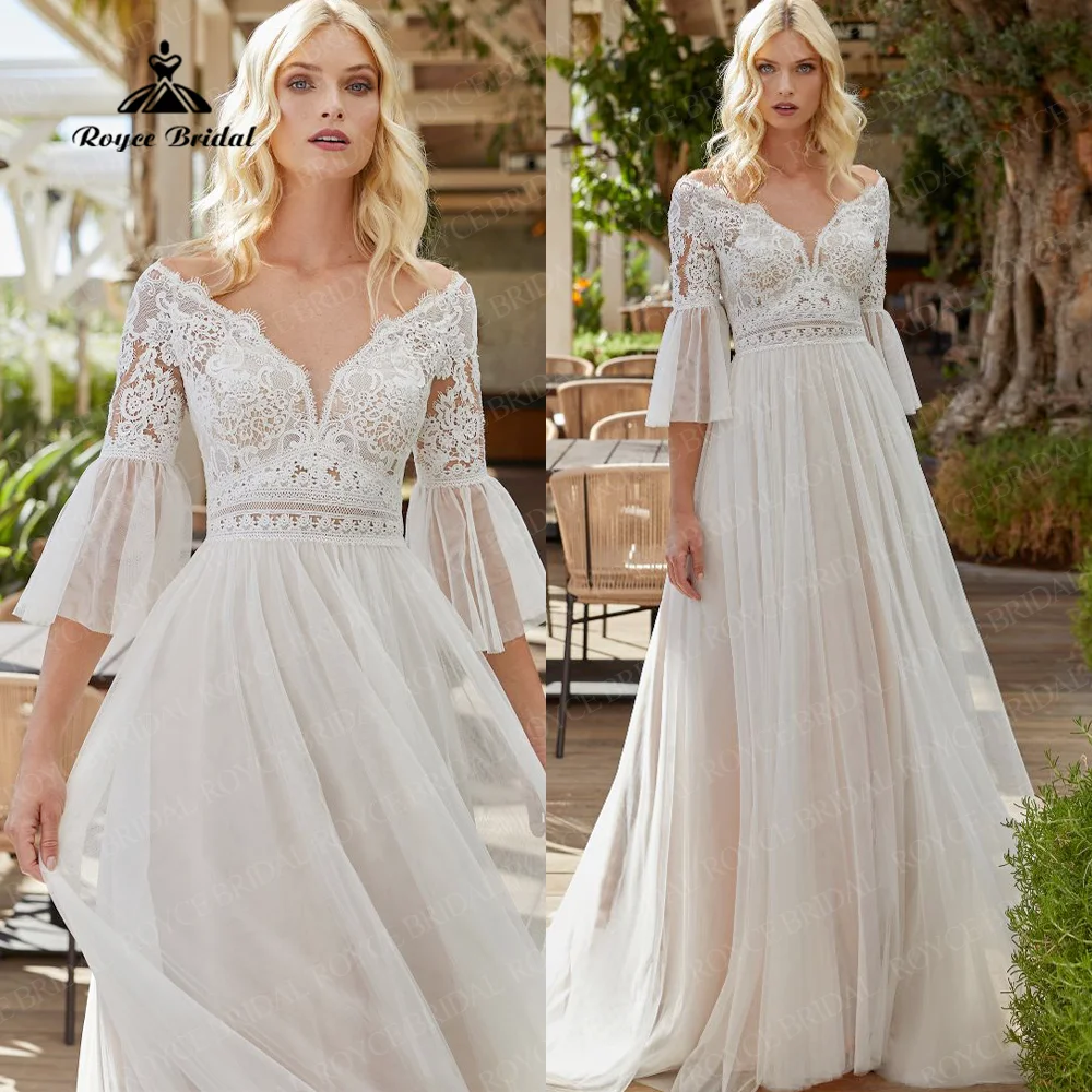 Top Trends: Vintage Beach Tulle Wedding Dresses With Tulle Bell Sleeves Elegant V-neckline Bohemian Lace Bridal Gowns Vestido De Casamento Shoppable Styles