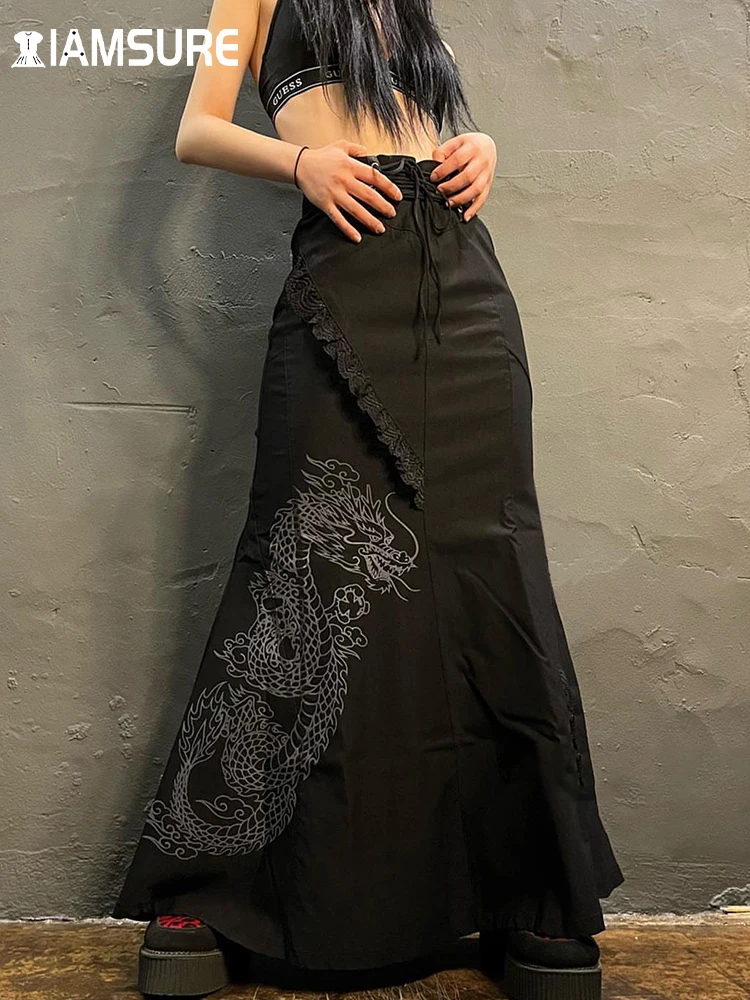 Top Trends: IAMSURE Chinese Style Dragon Printed A-Line Skirt Dark Lace Mid-Waisted Maxi Skirts Women 2022 Summer Fashion Gothic Skirts Shoppable Styles