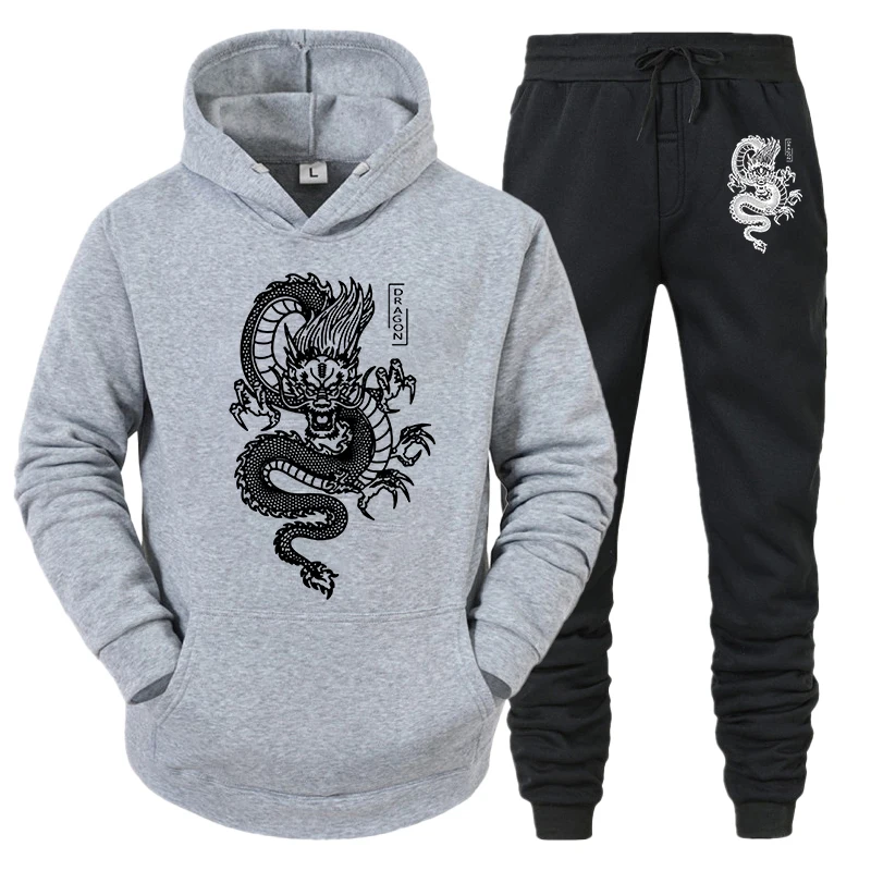 Top Trends: Men Tracksuit Set Hoodie+ Pant 2022 Spring Winter Dragon Print Casual Fleece Sweatshirt Sportwear Homme Streetwear Men Clothing Shoppable Styles