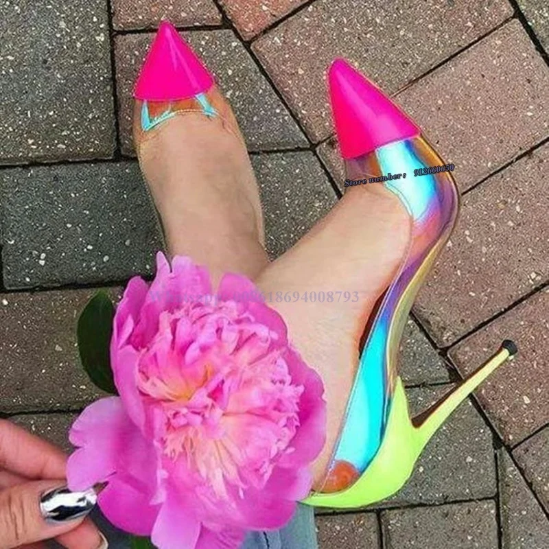 Top Trends: New Sexy Pink Pointed Toe Clear PVC High Heel Pumps 12CM 10CM 8CM Stiletto Heels Neon Yellow Heel Color Patchwork Wedding Shoes Shoppable Styles