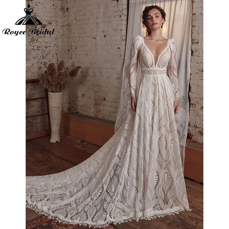 Top Trends: Sexy Bohemian Boho Wedding Dress With Detachable Long Sleeve A Line Beach Deep V Neck Lace Backless Spaghetti Straps Bridal Gown Shoppable Styles